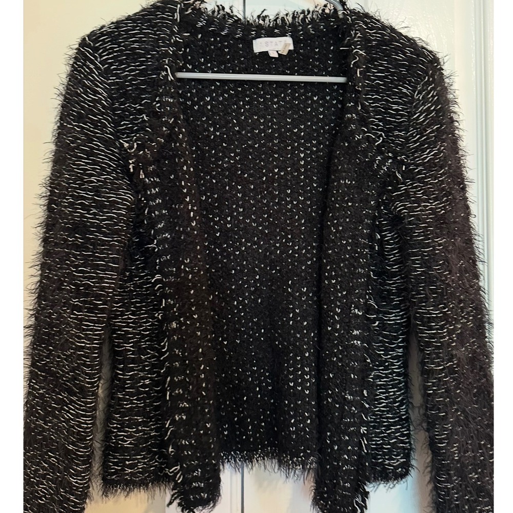 1 STATE Women's Black White Textured Fuzzy Knit Open Front Cardigan‎ Sweater S